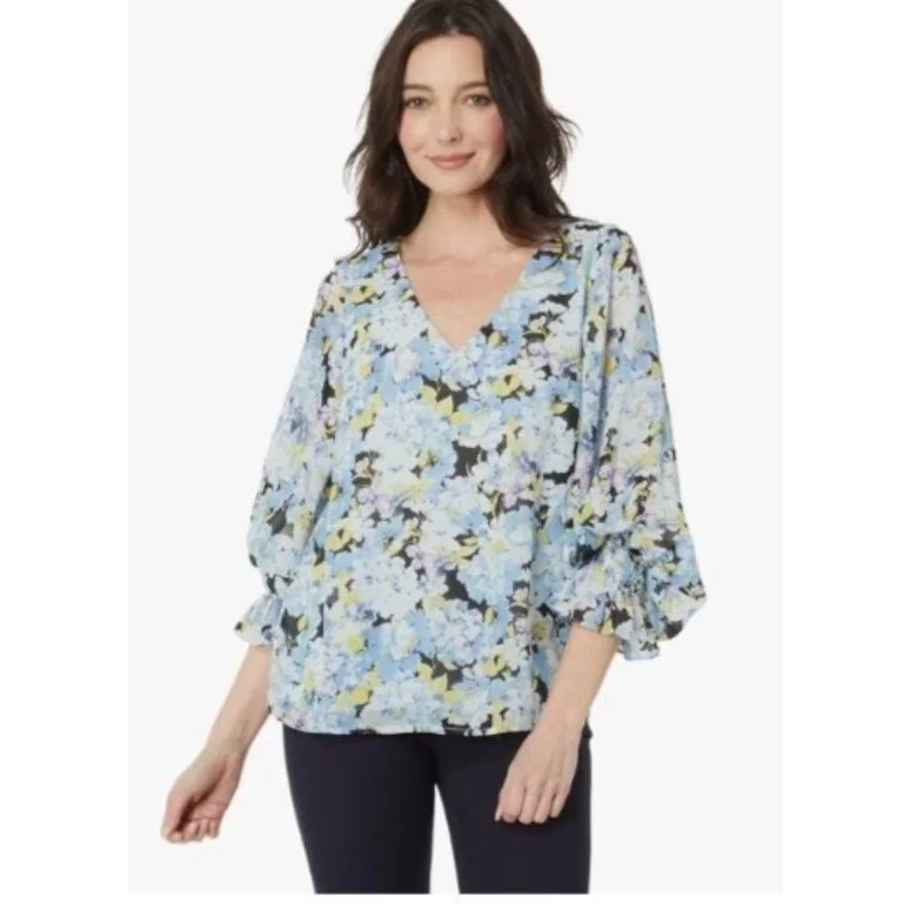 Vince Camuto Womens V Neck Balloon Sleeve Floral Blouse Plus Size 2X New